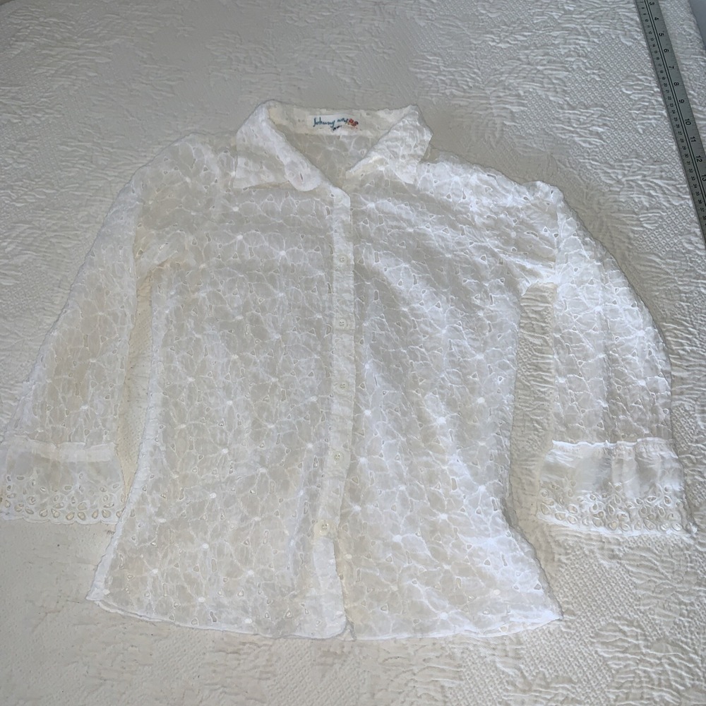 JOHNNY WAS Top CS Button Down Boho Hippie White‎ Eyelet Embroidered Shirt